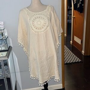 SHEIN Holidaya Size Large Tassel Cuff Perspective Knitted Panel Dress Beige